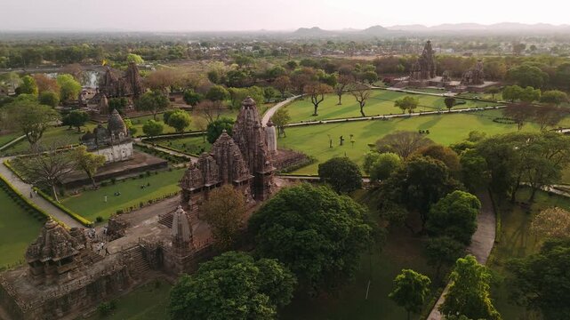 Aerial view of khajuraho group of monuments, a unesco world heritage site in madhya pradesh, india, during sunset