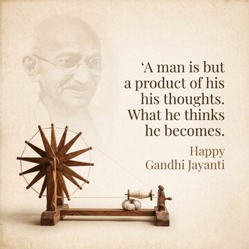 Vintage Gandhi Jayanti greeting card with spinning wheel and inspirational quote.