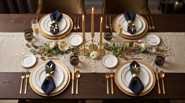 Elegant Table Setting for a Festive Celebration with Gold Accents and Sparkling Champagne