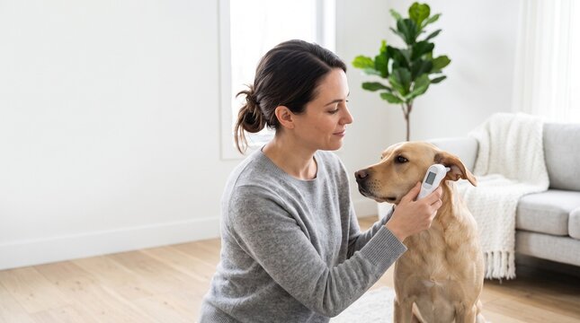 Caring woman using a digital ear thermometer to check the temperature of her golden retriever dog at home, ensuring pet health and wellness, lifestyle concept.