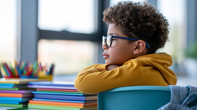 Young student sitting alone at a desk surrounded by colorful books and stationery while sunlight enters through classroom windows, studying, concentration, education, homework,