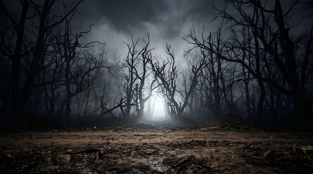 Eerie dark forest with a glowing light in the distance at night