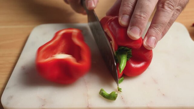 Halving a whole red bell pepper to reveal the seeds inside
