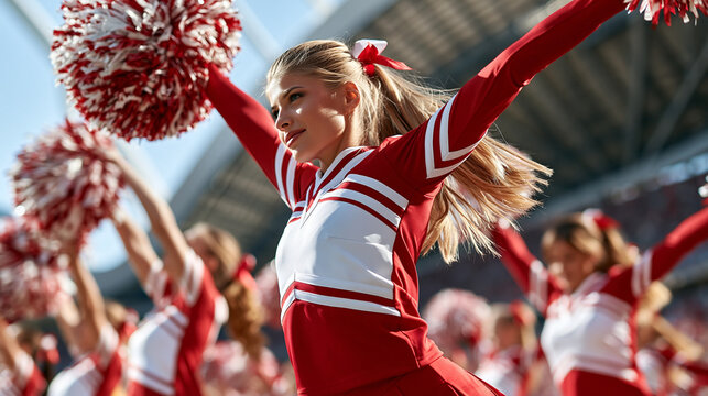 Energetic cheerleading team performing synchronized movements in a brightly lit stadium, teamwork, athleticism, school spirit, youth sports, performance, competition, dynamic