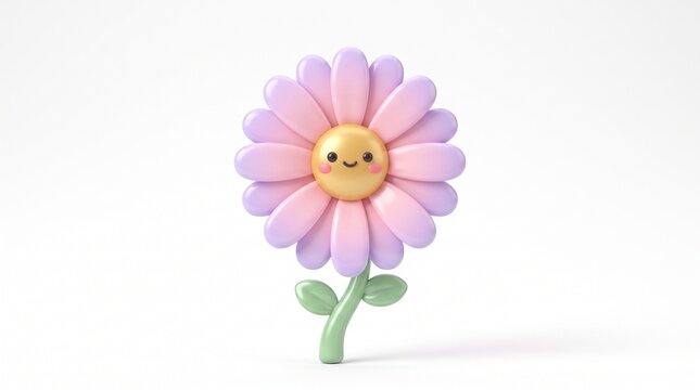 Cute 3d cartoon flower character with happy smiling face and pink purple gradient petals isolated on white background for spring design and kids nursery decor