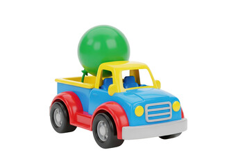 Fototapeta premium Toy pickup truck carrying large green ball isolated on transparent background