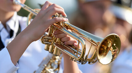 Fototapeta premium Teenage female musician playing a brass instrument during an evening school field performance, marching band, youth music, school spirit, performing arts, extracurricular
