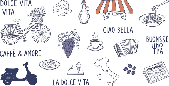 Hand Drawn Italian Culture Doodle Set With Bicycle Coffee And Pasta