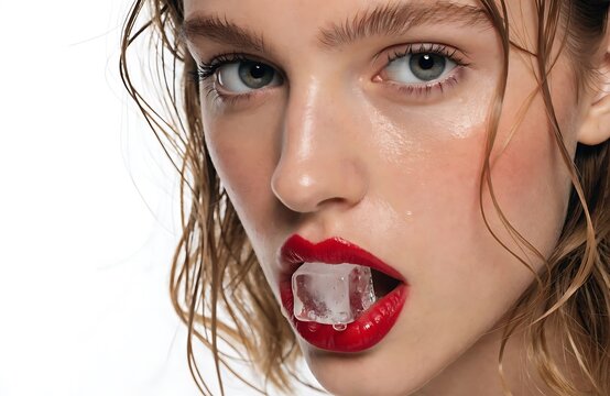Close up of a young woman holding an ice cube in her mouth