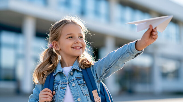 Young schoolgirl launching a paper airplane outside a school building, imagination, learning adventure, childhood creativity, education, dreams, first school day, playful concept,