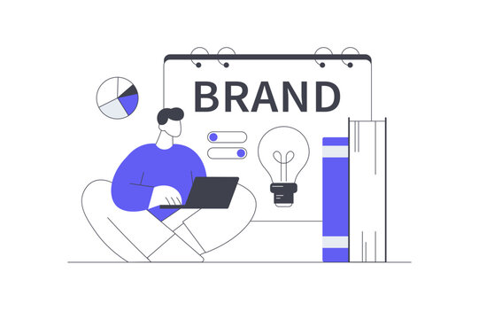 Branding Team Strategy and Brand Identity Development. Male Specialist Working on Laptop with Brand Poster Lightbulb Concept and Pie Chart. Flat Cartoon Vector Illustration, icon Stylish abstract web