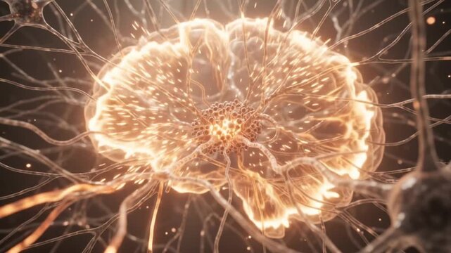 Abstract 3D animation of a neuron cell body with dendrites and synapses firing signals science and medicine concept