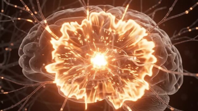Abstract 3D animation of a human neuron firing with glowing synapses and intricate neural network connections