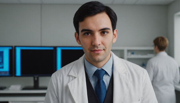 Professional corporate portrait of a young female researcher wearing a clean white lab coat inside a modern scientific facility with soft-focus laboratory equipment.