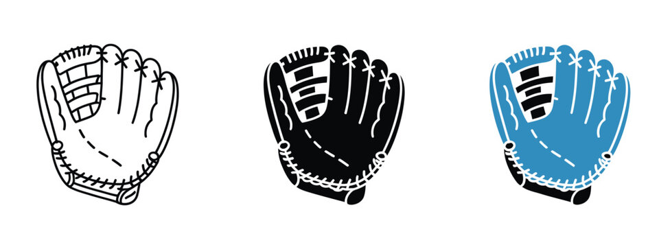 Baseball glove icon set with outline and solid versions, featuring sports equipment symbols for baseball and softball, team apps, training tools, leagues, fitness platforms, game interfaces, websites.