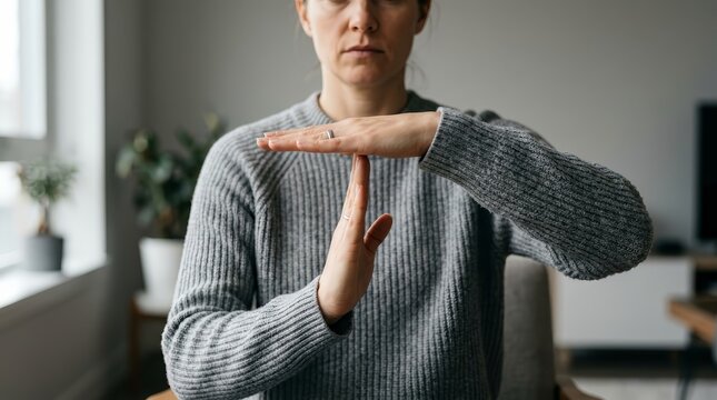 Closeup of a woman making the time out hand sign to stop.