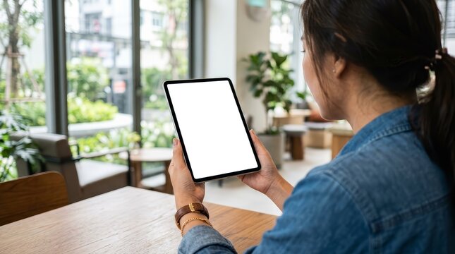 Woman holding a digital tablet with a blank white screen mockup.