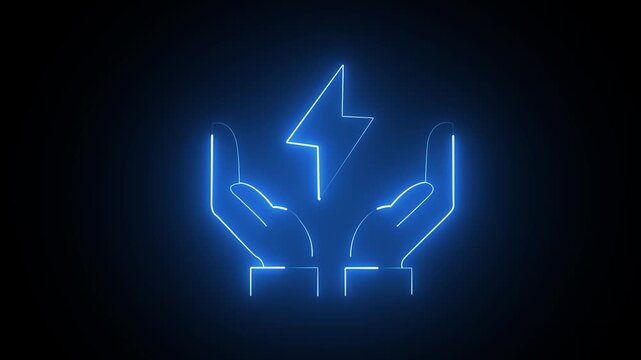 Glowing blue neon hands holding a lightning bolt symbol on a dark background