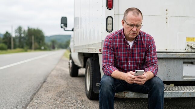 A middle-aged male truck driver checking his mobile phone while sitting outdoors.