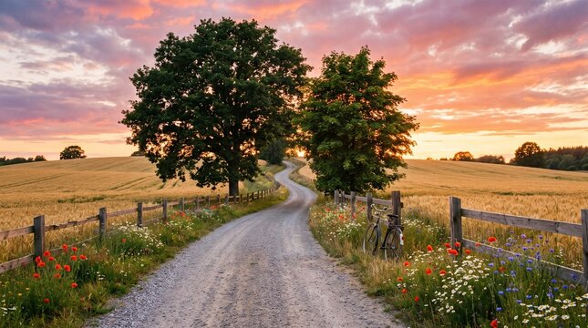 Vintage bicycle parked beside rustic wooden fence on a winding gravel path through golden wheat fields under vibrant sunset clouds with lush green trees standing