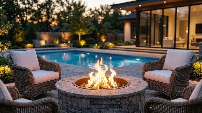 Cozy evening backyard scene with a stone fire pit and patio furniture.