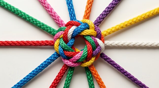 Colorful ropes intertwined in a circle representing unity and teamwork.