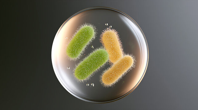 Microscopic view of rod-shaped bacteria and bacilli inside a petri dish, scientific research concept representing pathogen study and health