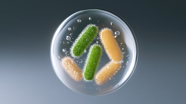 Microscopic view of beneficial probiotics and harmful bacteria in petri dish, bacillus and lactobacillus microbial life representation