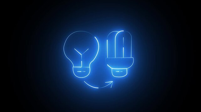 Neon blue light bulb icon showing energy efficiency transition on a dark background