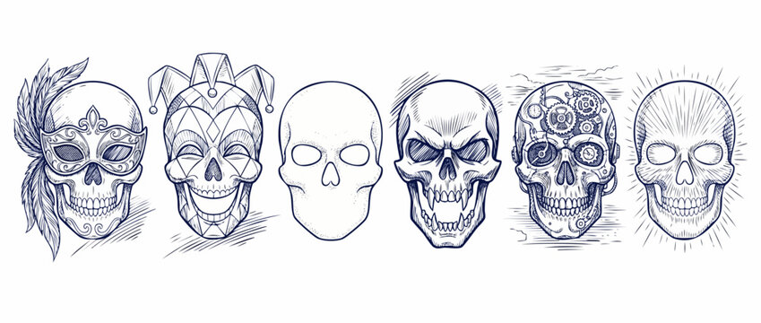Skulls line art vector set featuring gothic masquerade jester steampunk and vampire skull designs hand drawn engraving style illustrations for Halloween tattoo and t-shirt graphic design elements.