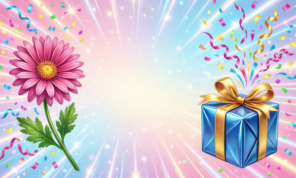A pink flower and blue gift box celebrate a birthday with colorful confetti and ribbons on a pastel background with sparkles and light rays.