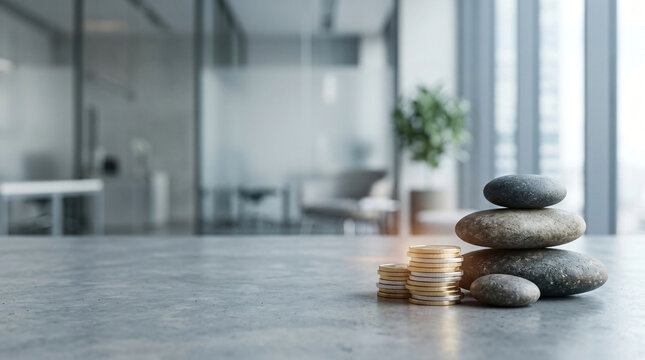 Subtle financial growth background with Smooth balanced river stones arranged beside modest group of coins for lasting wealth accumulation, with subtle contemporary depth