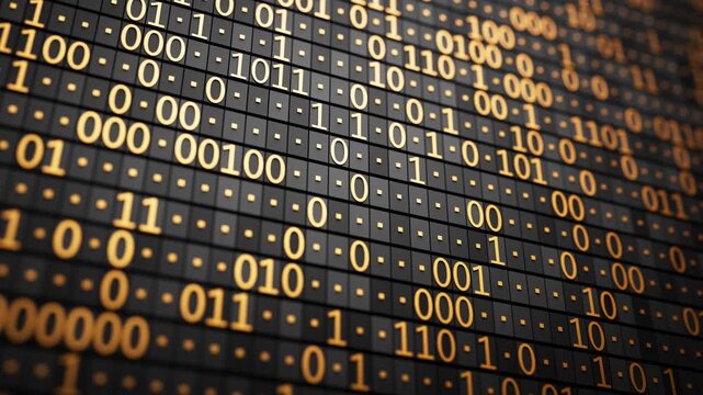 Abstract binary data visualization in a seamless 3D loop, with illuminated digits on a dark grid for technology, software and digital communication themes.