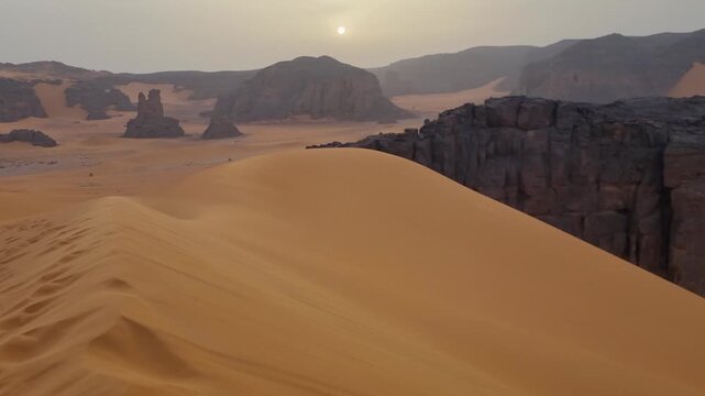 A vast, remote Saharan landscape stretches into the distance, where towering sand dunes rise between stark rock formations beneath a dusty evening sky. Feeling of solitude and isolation in the desert