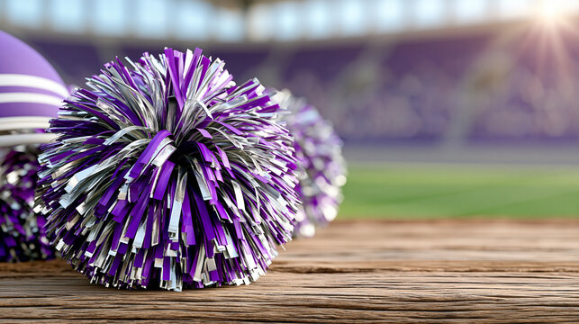 Purple and silver cheerleading pom-poms resting on a rustic wooden surface with softly blurred stadium background, school sports, team spirit, cheer accessories, celebration,
