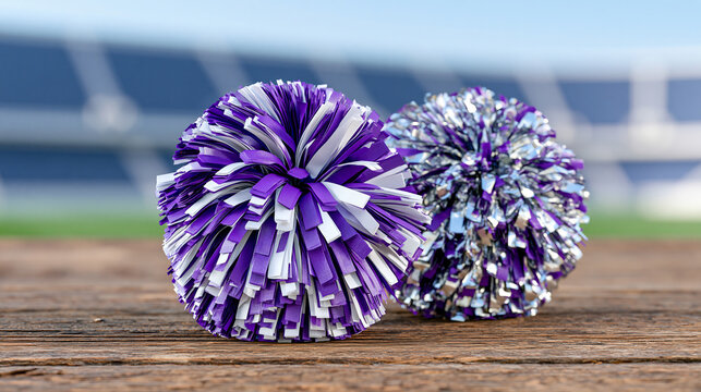 Purple and silver cheerleading pom-poms resting on a rustic wooden surface with softly blurred stadium background, school sports, team spirit, cheer accessories, celebration,
