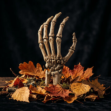Skeleton hand emerging from autumn leaves on black background for Halloween concept