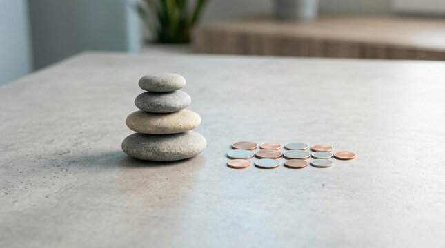 Thoughtful long-term planning still life with Smooth balanced river stones arranged beside modest group of coins for lasting wealth accumulation, in a polished commercial setting