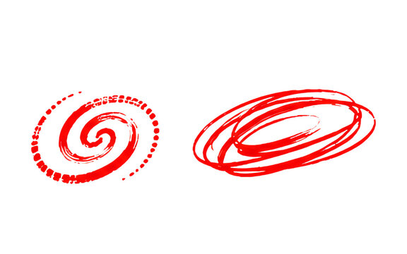 Red dotted spiral vortex and layered oval scribble ring graphic