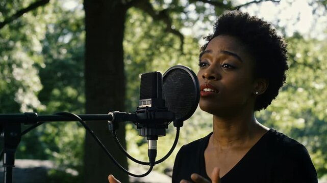 Clapping singer wearing black V-neck top recording vocals at park into microphone, with pop filter
