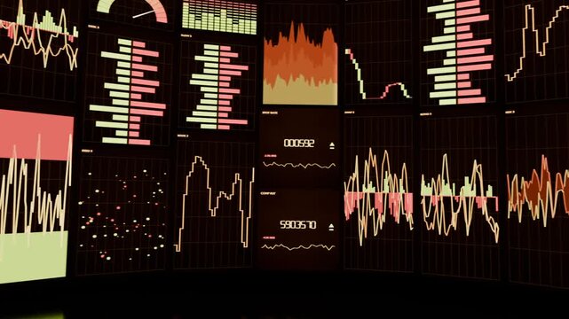 Moving camera after red indicator, sweeping curved display wall in dark room, revealing charts