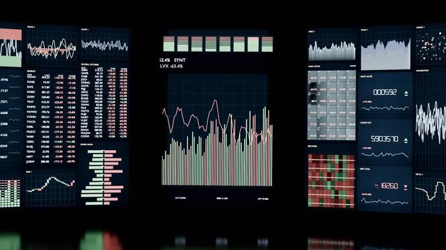Emerging from black frame 3-panel dash in dark studio, center updating bar-chart showing data