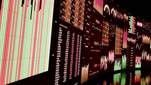 Panning camera right revealing curved digital LED wall updating charts and tickers in control room