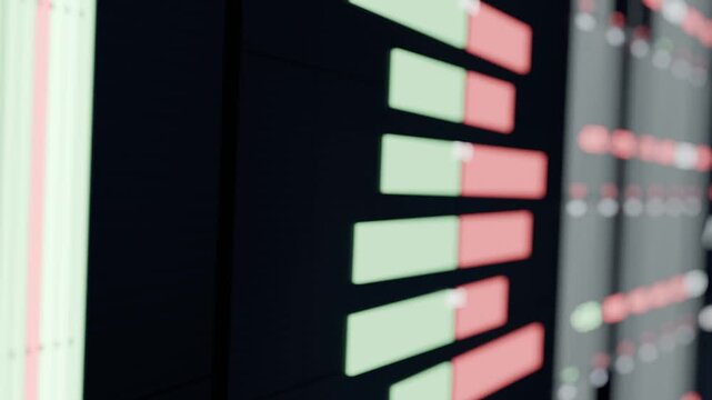 Display lighting up drawing camera panning zooming at trading desk, revealing fan bars