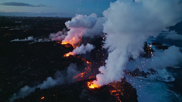 Erupting lava flows colliding with cool ocean, making steam explosions, spatter along coast at dusk
