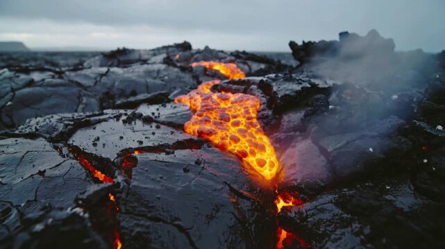 Advancing molten lava lobe moving through fractured basalt plain, fresh magma pushing through crack