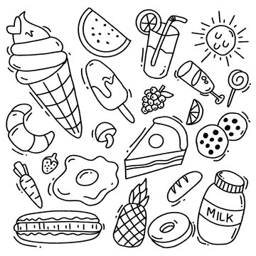 ​Hand Drawn Summer Food and Drink Doodle Set Vector Illustration