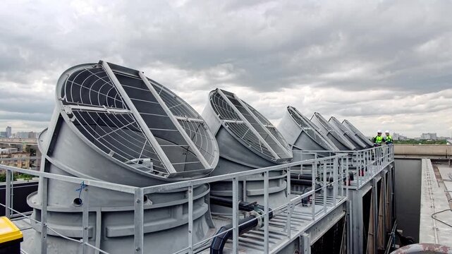 Workers conduct maintenance on large cooling units on a rooftop