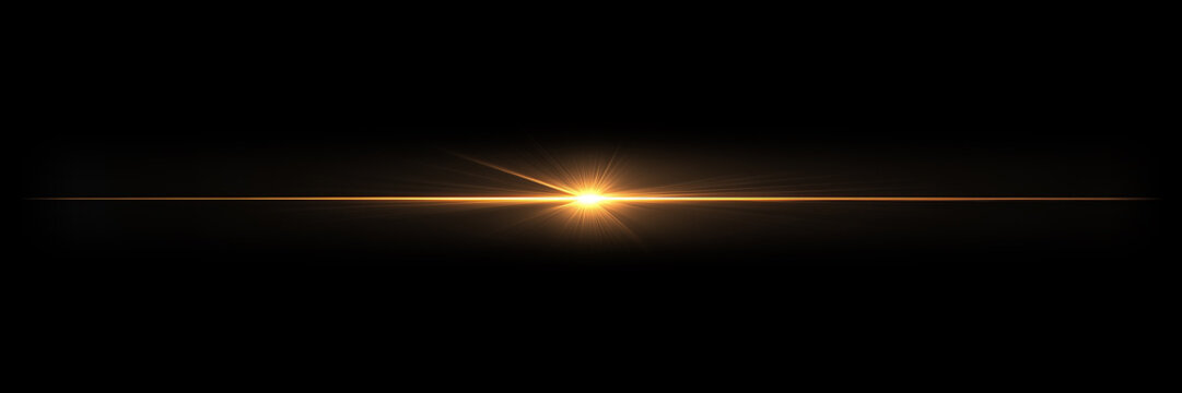 Soft warm golden light flare and streak effect on dark background with lens flare gold light yellow glow optical flare sun flare light beam horizontal line