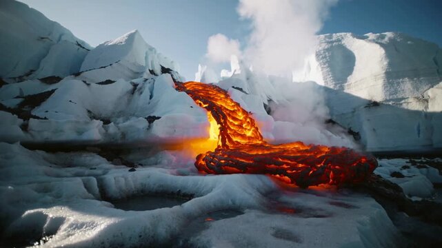 Arching molten lava flow rising from erupting vent at ice cliff, feeding crusty pool steaming plume